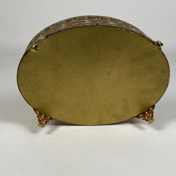 Vintage Hollywood Regency Gold Filigree Ormolu Jewelry Box Oval Glass Hinged Lid - Picture 9 of 11